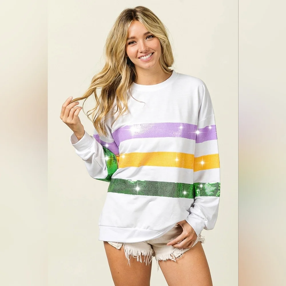 BiBi Sequin Mardi Gras Striped Round Neck Sweatshirt - Picture 3 of 14